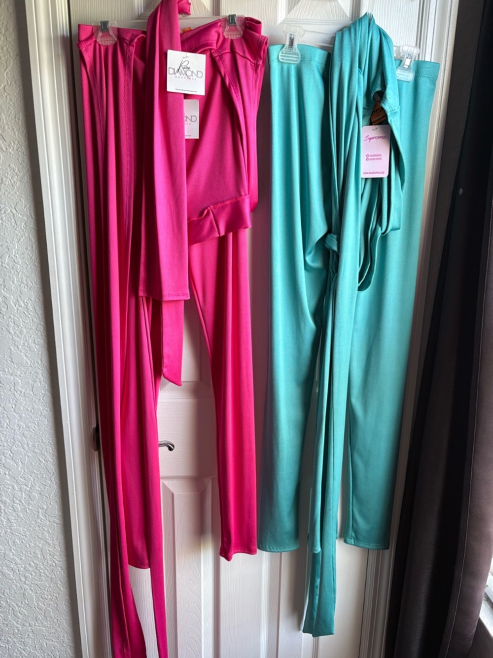 Set of 2-Women’s Deep Halter CrossBody Legging Set in Hot Pink and Teal - Picture 2 of 2